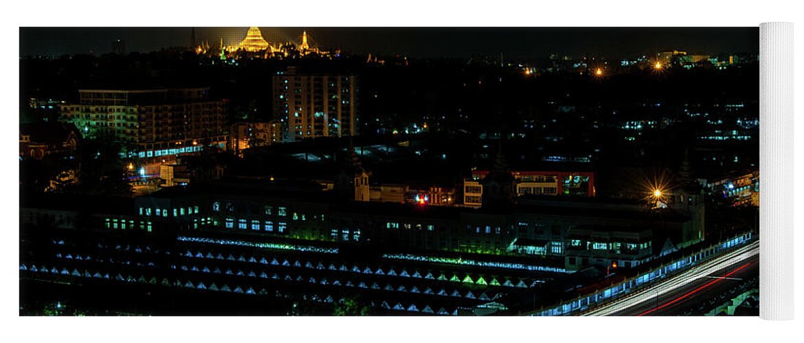 Shwedagon Yoga Mat featuring the photograph Yangon Cityscape at Night by Arj Munoz