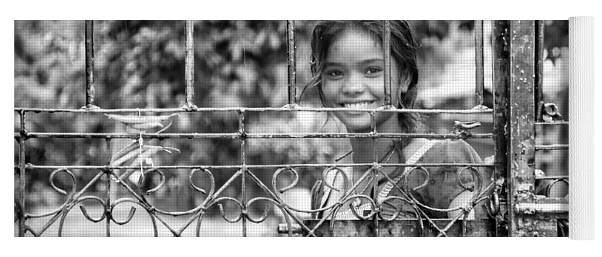 Innocence Yoga Mat featuring the photograph Young Indian Smile - Street beautiful girl portrait black and white by Stefano Senise