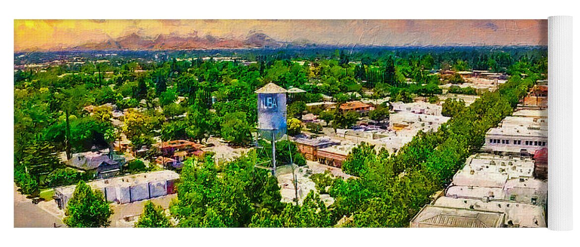 Yuba City Yoga Mat featuring the digital art Yuba City and the water tower, California - digital painting by Nicko Prints