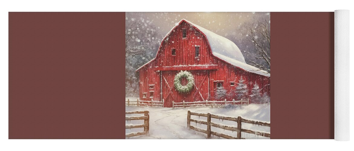 Red Barn Yoga Mat featuring the painting Yuletide Country Barn by Tina LeCour