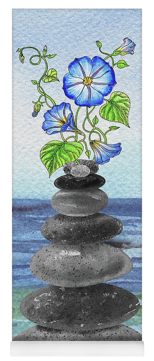 Zen Rocks Yoga Mat featuring the painting Zen Rocks Cairn Meditative Tower And Morning Glory Flower Watercolor by Irina Sztukowski