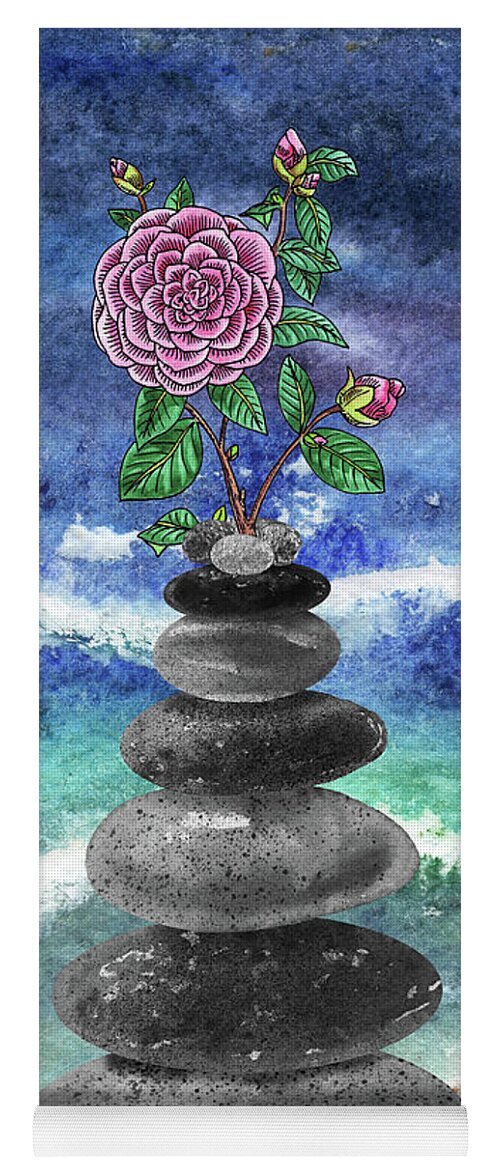 Zen Rocks Yoga Mat featuring the painting Zen Rocks Cairn Meditative Tower Pink Camellia Flower Watercolor by Irina Sztukowski