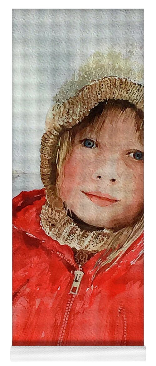 A Young Girl In A Bright Red Coat Plays In The Winter Snow. Yoga Mat featuring the painting Zoe In The Snow by Monte Toon