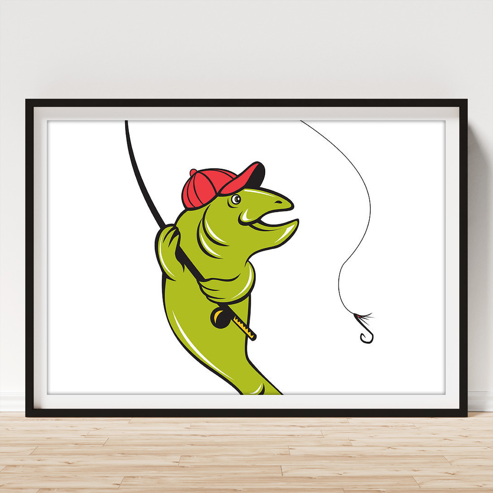 Trout Fly Fishing Rod Hook Cartoon Poster by Aloysius Patrimonio - Pixels