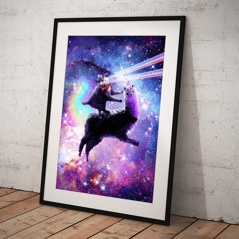Laser Eyes Outer Space Cat Riding On Llama Unicorn #4 Poster by Random  Galaxy