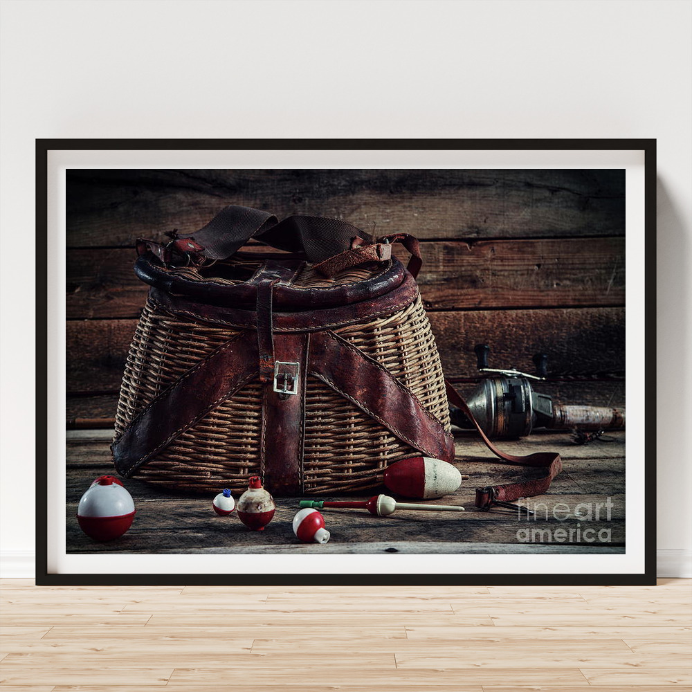 Fishing bobbers with vintage Creel basket Art Print by Suzanne