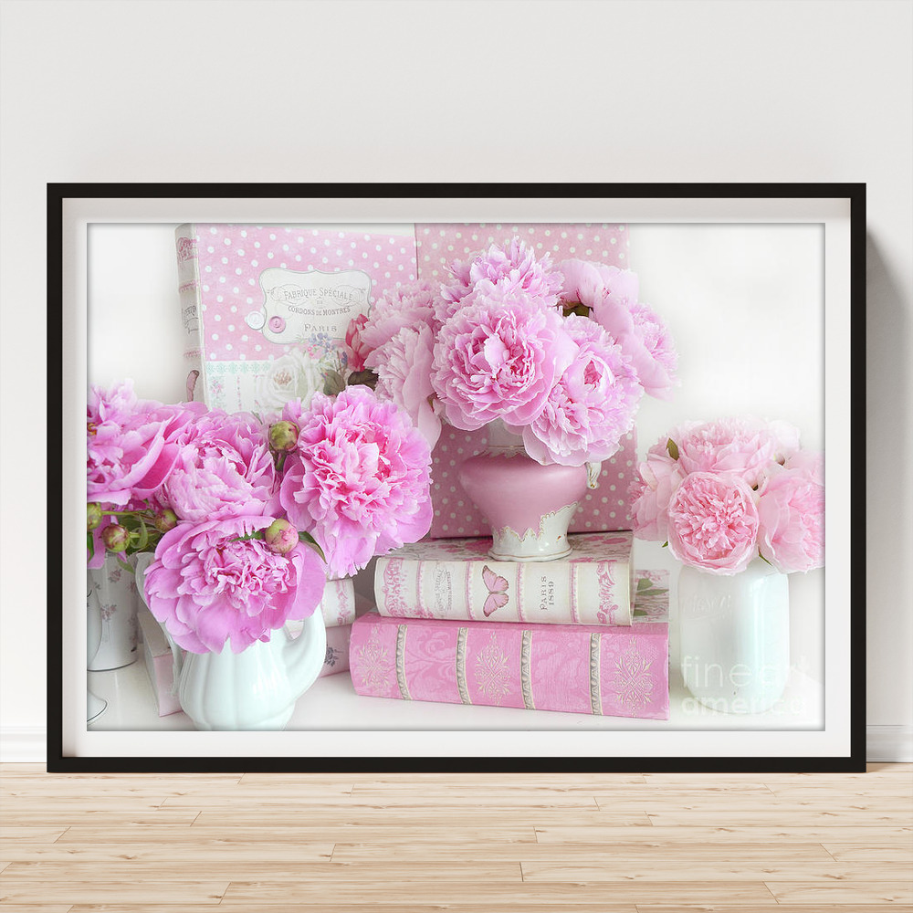 Shabby Chic Pink Peony Flowers Books Print Wall Art Home Decor Art