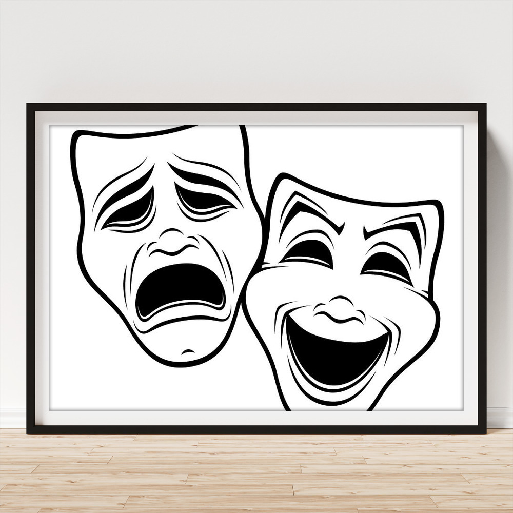 Comedy And Tragedy Theater Masks Black Line Art Print by John