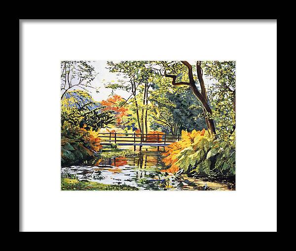 Landscape Framed Print featuring the painting Autumn Water Bridge by David Lloyd Glover