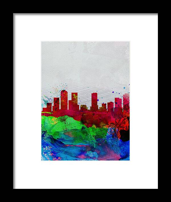 Denver Framed Print featuring the painting Denver Watercolor Skyline by Naxart Studio