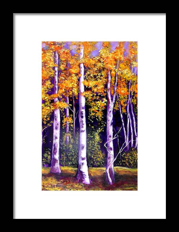 Birches Framed Print featuring the painting Fall in the Eastern townships Quebec by Marie-Line Vasseur