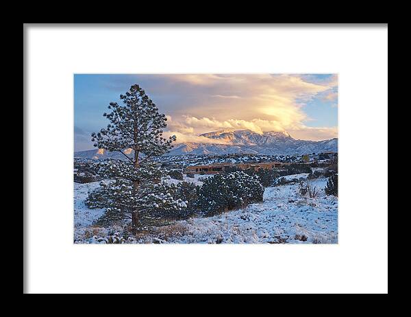 Landscapes Framed Print featuring the photograph Sandia Mountains with Snow at Sunset by Mary Lee Dereske