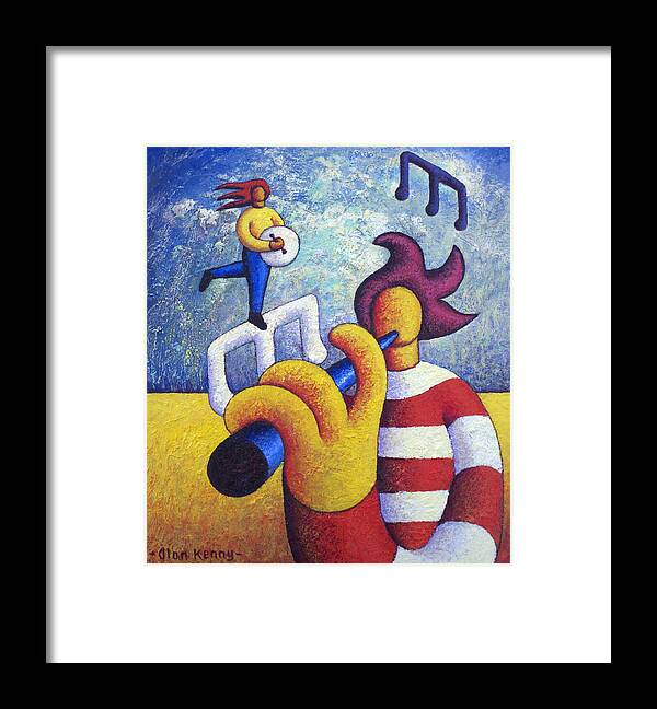  Alan Framed Print featuring the painting Two soft musicians with musical notes by Alan Kenny