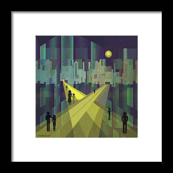 003 Framed Print featuring the painting 003 - Nightwalking to a distant city by Irmgard Schoendorf Welch