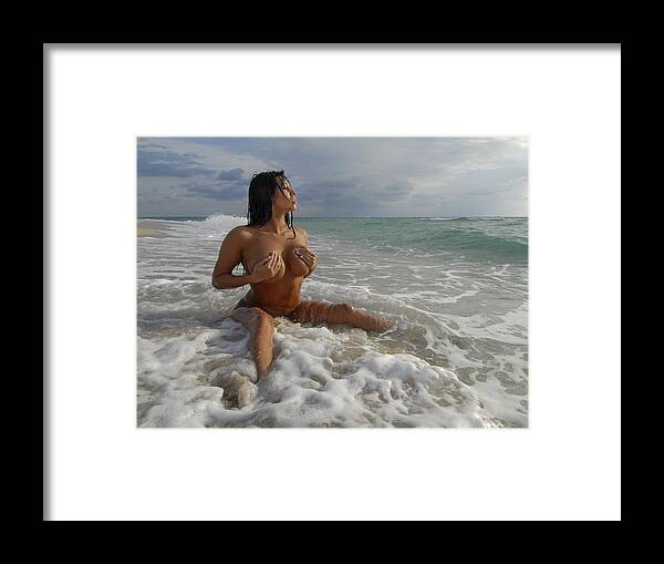 0093 Beautiful Large Breasted Woman in Ocean Surf Framed Print by