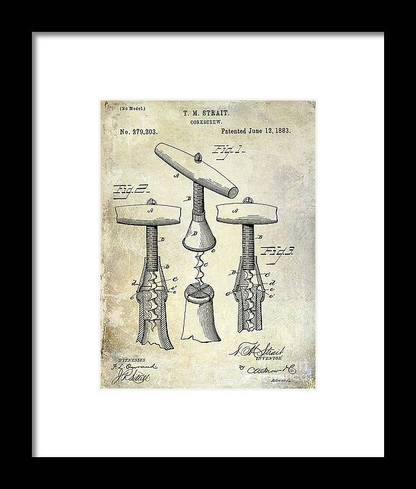 Corkscrew Framed Print featuring the photograph 1883 Corkscrew Patent drawing by Jon Neidert