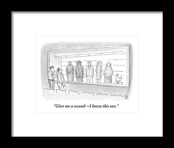 Police Framed Print featuring the drawing A Bartender Stands In Front Of A Police Lineup #1 by Paul Noth