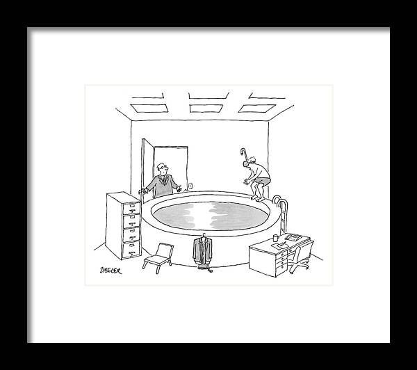 Office Workers Framed Print featuring the drawing A Man Opens The Door Of An Office #1 by Jack Ziegler
