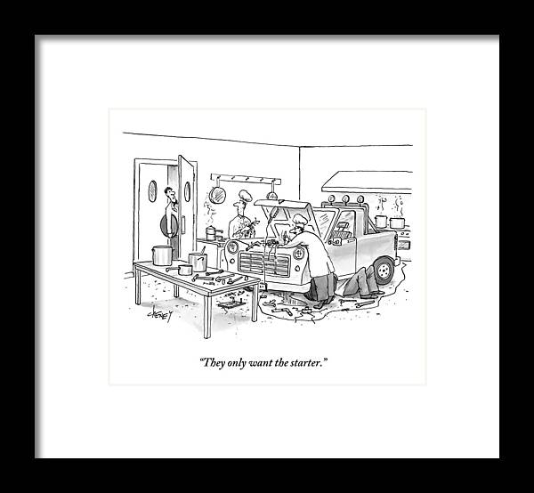 Chefs Framed Print featuring the drawing A Waiter Speaks To The Chefs In The Kitchen by Tom Cheney
