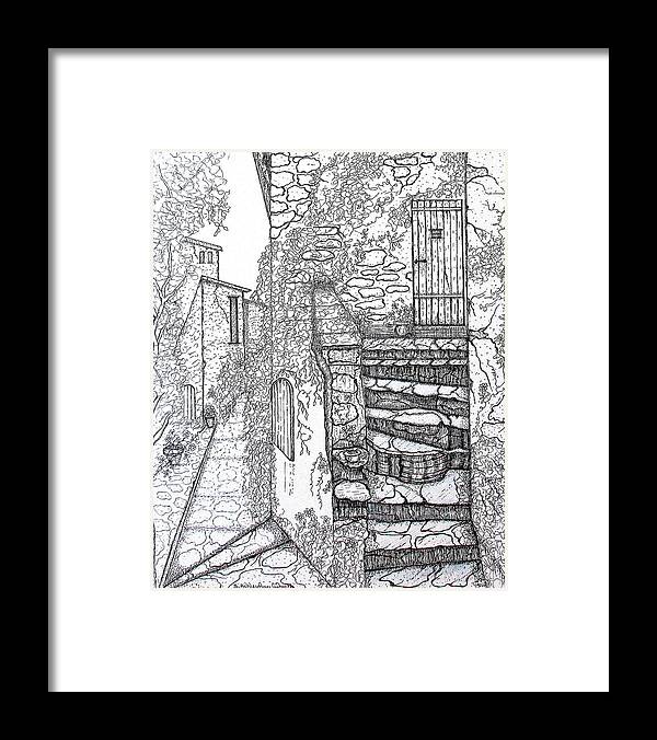 Art Framed Print featuring the drawing Ancient Crumbling Stone Steps Black and White by Ashley Goforth