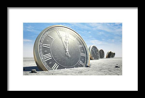 Clock Framed Print featuring the digital art Antique Clocks In Desert Sand #1 by Allan Swart