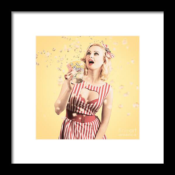 Cinema Framed Print featuring the photograph Attractive young cinema woman watching big screen #1 by Jorgo Photography