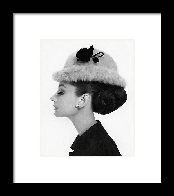 Accessories Beauty Fashion Actress Studio Shot One Person People Hat Headgear Side View Audrey Hepburn 1960s Style Givenchy Eyes Closed Head And Shoulders 35-39 Years Mid-adult 30s Adult Female Mid Adult Woman Brushed Melusine Bowler Hat Edwardian #condenastvoguephotograph August 15th 1964 Framed Print featuring the photograph Audrey Hepburn Wearing A Givenchy Hat by Cecil Beaton