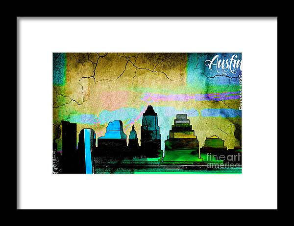 Austin Art Framed Print featuring the mixed media Austin Skyline Watercolor #1 by Marvin Blaine