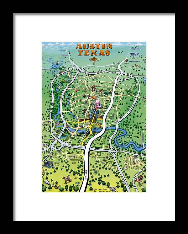 Austin Framed Print featuring the painting Austin Texas Cartoon Map #1 by Kevin Middleton