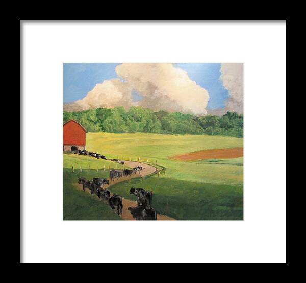 Cow Paintings Framed Print featuring the painting Back to the Barn #1 by David Zimmerman