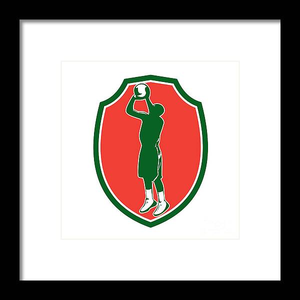 Basketball Framed Print featuring the digital art Basketball Player Jump Shot Ball Shield Retro #1 by Aloysius Patrimonio