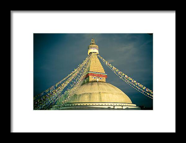 Wisdom Framed Print featuring the photograph Bodhnath Stupa at night in kathmandu #1 by Raimond Klavins
