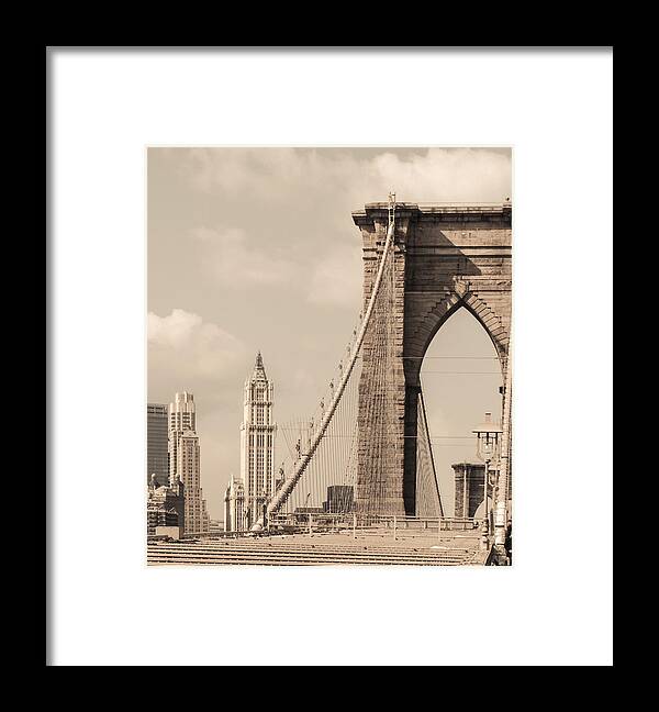 Brooklyn Bridge Framed Print featuring the photograph Brooklyn Bridge and Woolworth Building #1 by Frank Winters