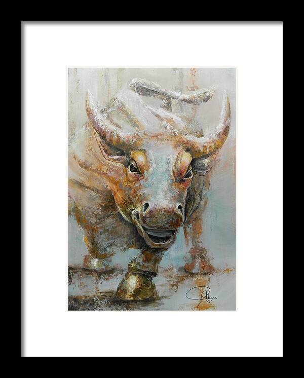 Financial Framed Print featuring the painting Bull Market W Redo by John Henne