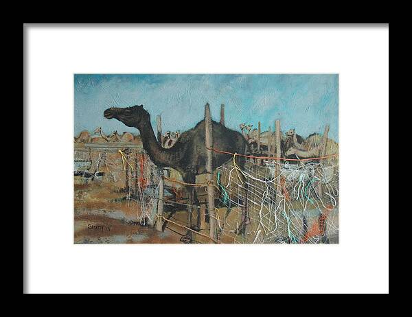 Desert Camels Landscape Framed Print featuring the painting Camel Farm by Tom Smith