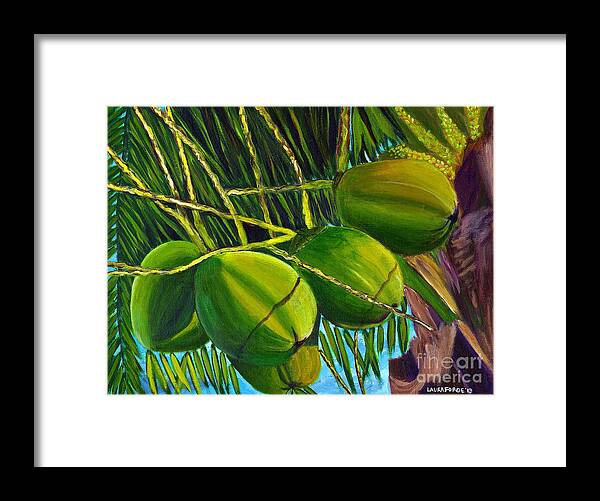 Coconuts Framed Print featuring the painting Coconuts at sunset by Laura Forde