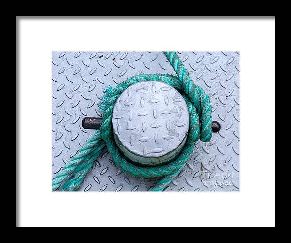 Iris Holzer Richardson Framed Print featuring the photograph Dock Bollard with Green Boat Rope #1 by Iris Richardson