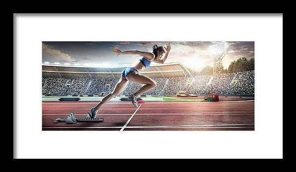 Event Framed Print featuring the photograph Female Athlete Sprinting #1 by Dmytro Aksonov