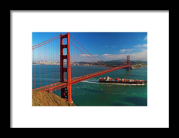 Container Ship Framed Print featuring the photograph Golden Gate Bridge San Francisco, Ca #1 by David H. Carriere