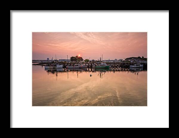 Early Morning Framed Print featuring the photograph Hazy Sunrise Over The Commercial Pier Portsmouth NH by Jeff Sinon