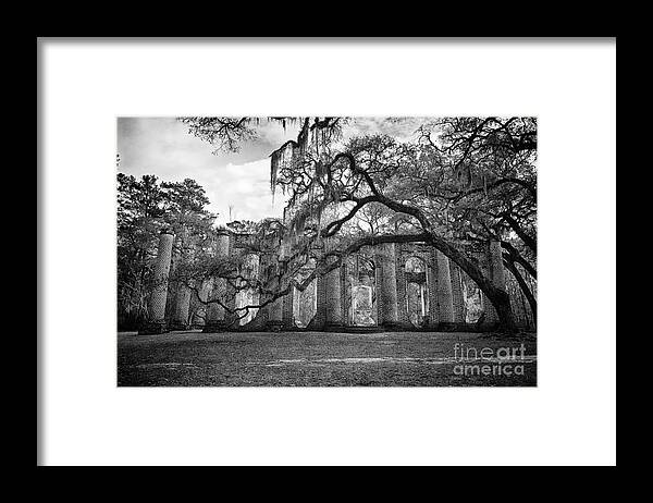 Old Sheldon Church Framed Print featuring the photograph Historic Sheldon Church 4 BW #1 by Carrie Cranwill