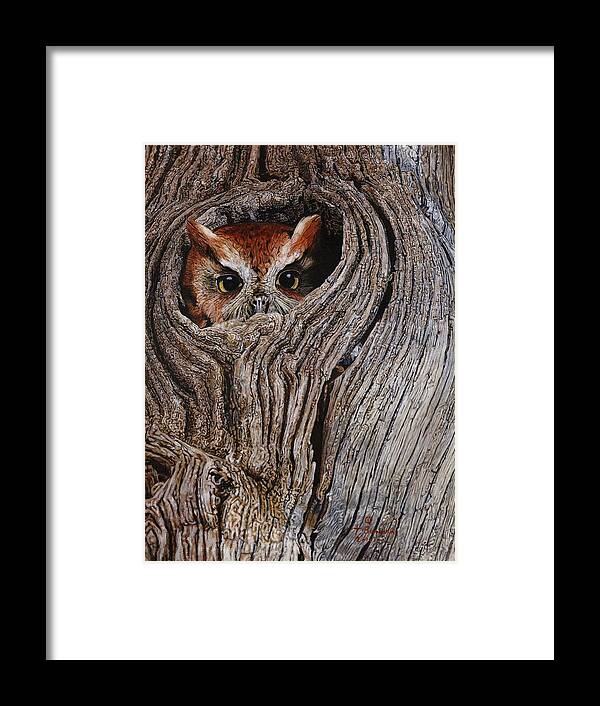 Owl Framed Print featuring the painting Hollowed Home #1 by Terry Bungard