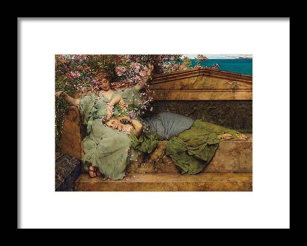 In A Rose Garden Framed Print featuring the painting In a Rose Garden by Lawrence Alma Tadema