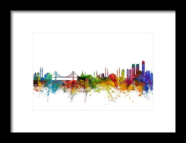 Istanbul Framed Print featuring the digital art Istanbul Turkey Skyline #1 by Michael Tompsett