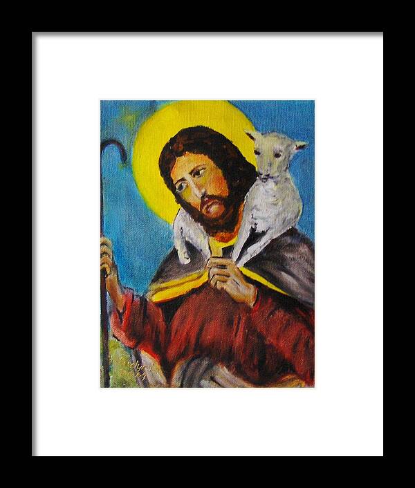 Art Framed Print featuring the painting Jesus With A Lamb #1 by Ryszard Ludynia
