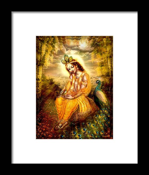 Krishna Framed Print featuring the mixed media Krishna with the Peacock by Ananda Vdovic