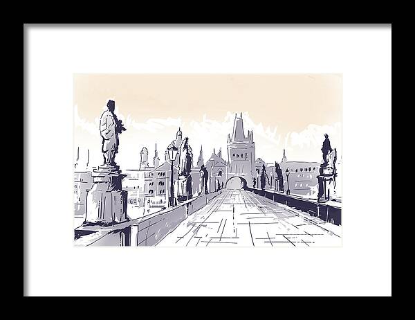 Prague Framed Print featuring the photograph Lesser Town Bridge Tower drawing Czech Republic #1 by Jorgo Photography