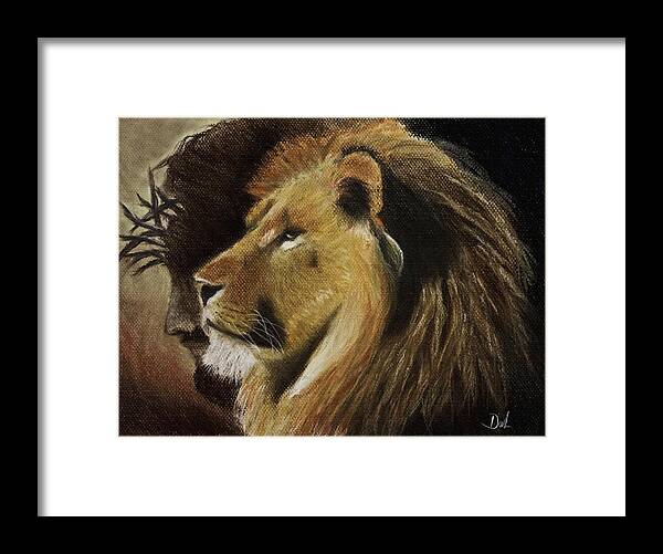 Jesus Religion Religious Lion Animal Wildlife Cat Jungle Crown Thorns Jew Jewish Beard Profile Yellow Brown Church Art Patel Shadow Savior Lord God Fur Hair Pastel Pastels Painting Framed Print featuring the pastel Lion of Judah #1 by Dale Bradley