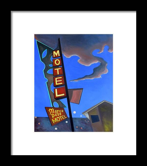  Roadside Attractions Framed Print featuring the painting Marco Polo Motel by Sally Banfill
