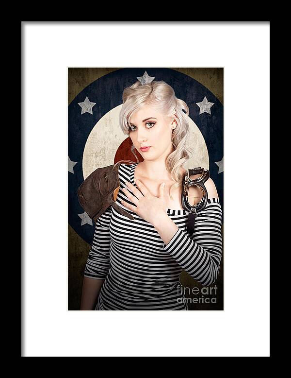 Pilot Framed Print featuring the photograph Military pin up woman taking airplane pilot oath #1 by Jorgo Photography